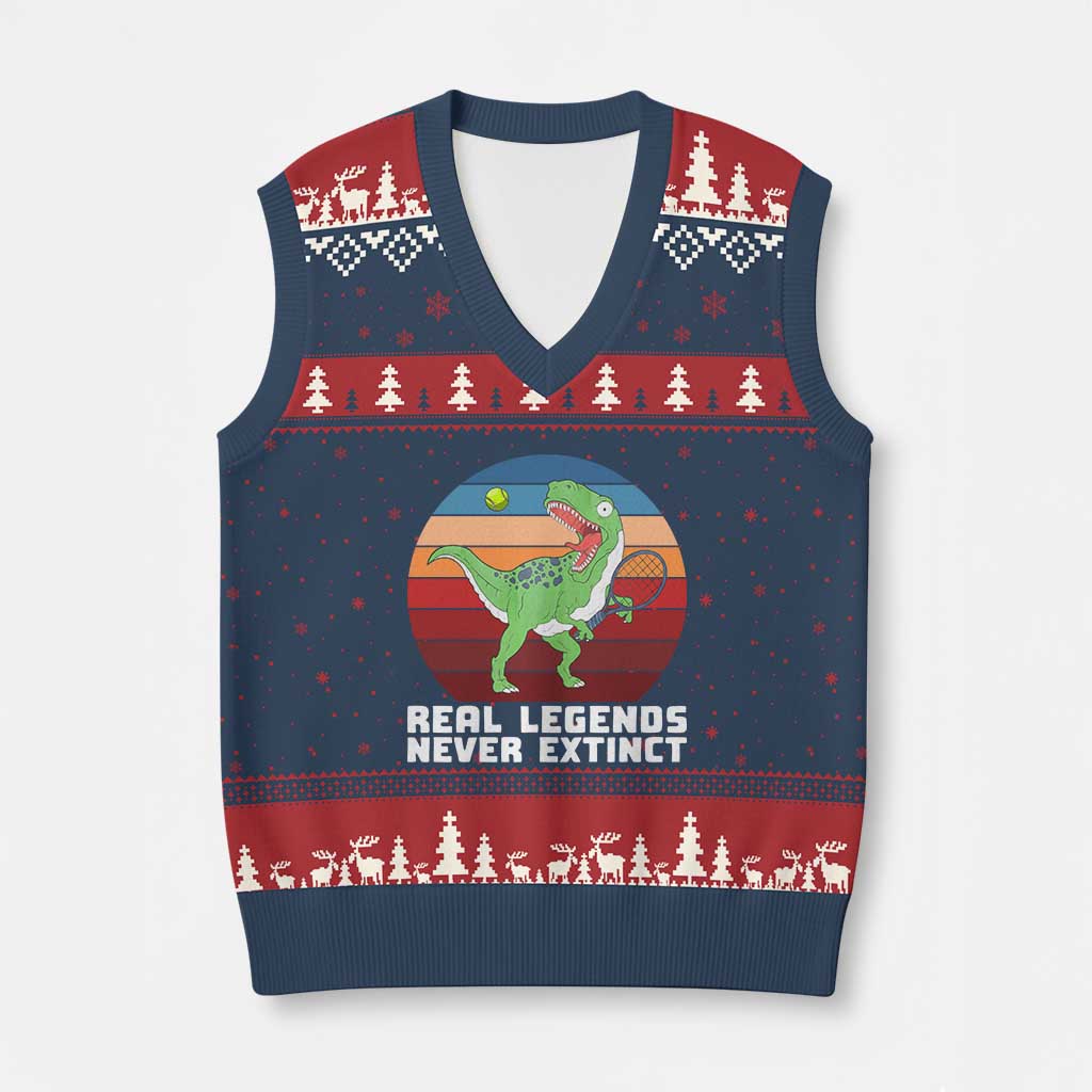 Retro Dinosaur Tennis Player V-Neck Knit Sweater Vest Real Legends Never Extinct - Wonder Print Shop