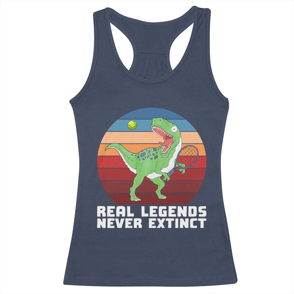Retro Dinosaur Tennis Player Racerback Tank Top Real Legends Never Extinct - Wonder Print Shop
