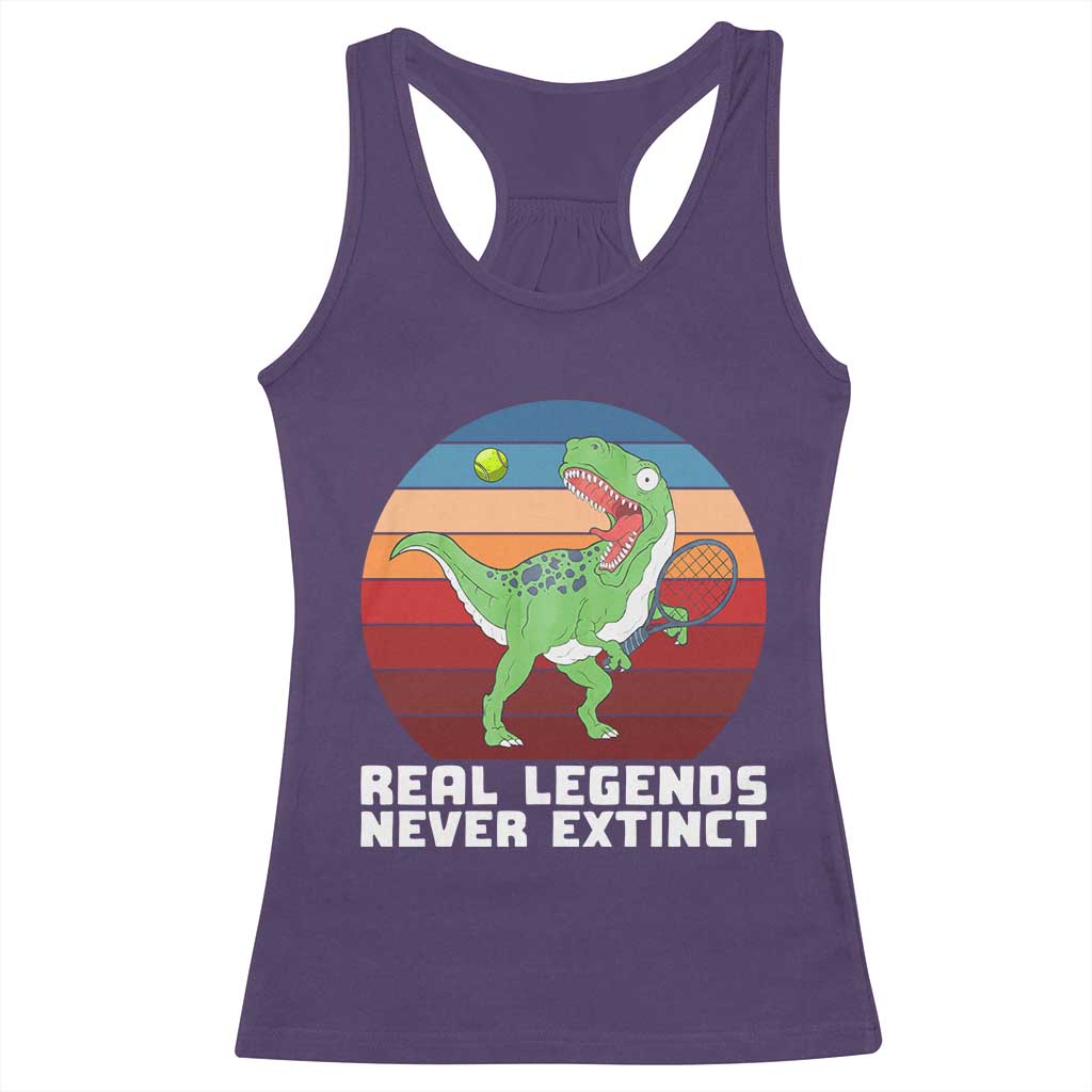 Retro Dinosaur Tennis Player Racerback Tank Top Real Legends Never Extinct - Wonder Print Shop