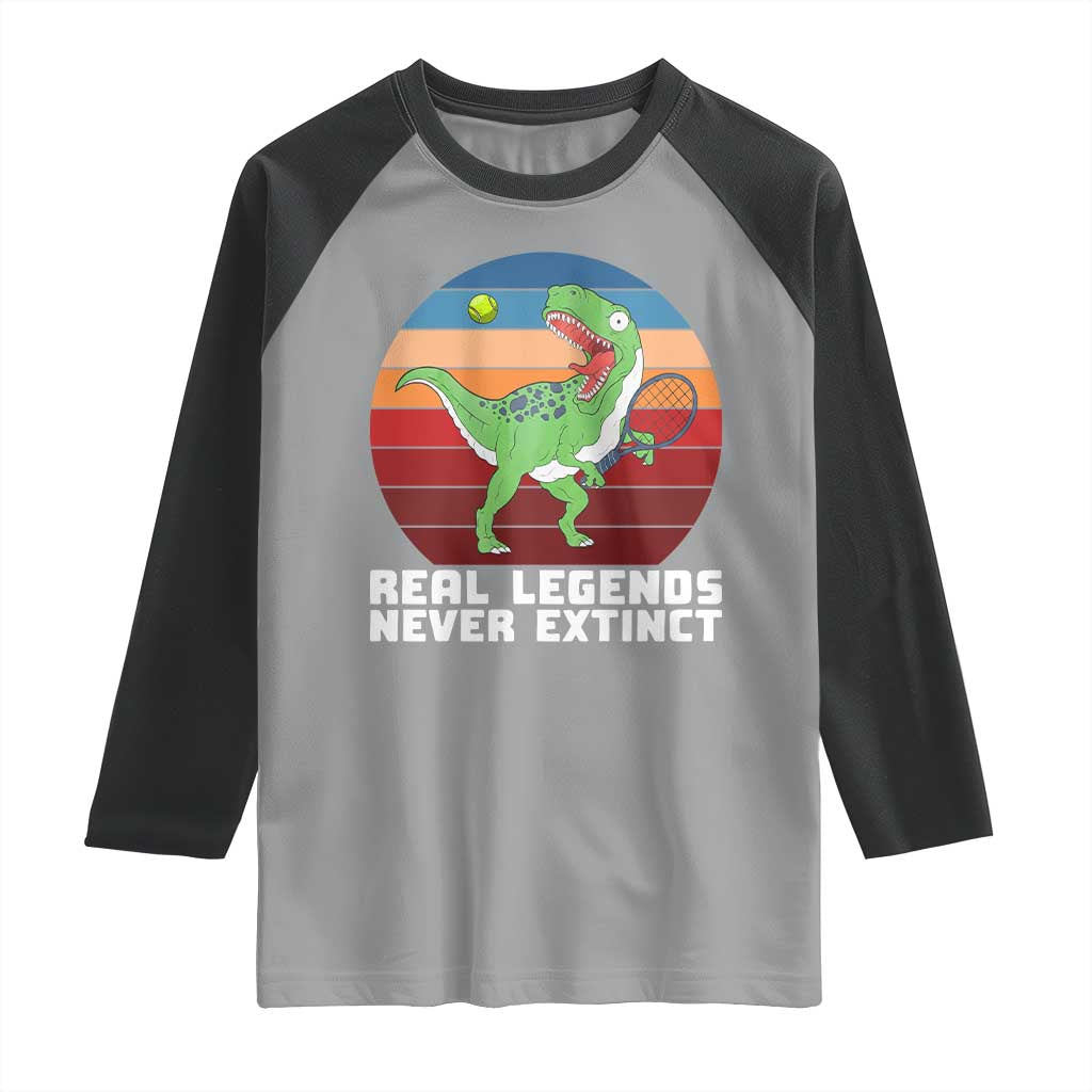 Retro Dinosaur Tennis Player Raglan Shirt Real Legends Never Extinct - Wonder Print Shop