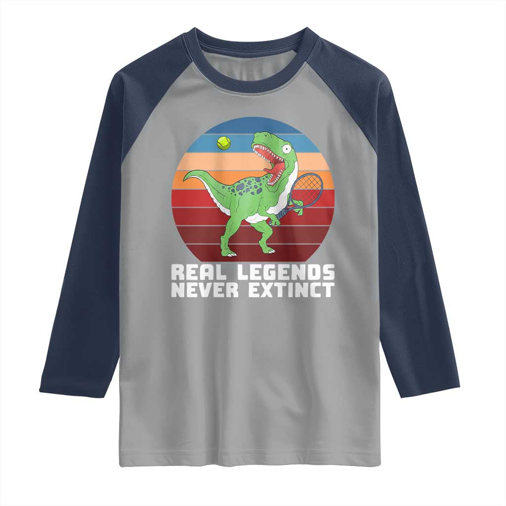 Retro Dinosaur Tennis Player Raglan Shirt Real Legends Never Extinct - Wonder Print Shop