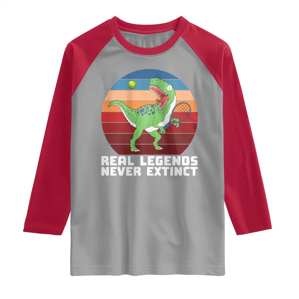 Retro Dinosaur Tennis Player Raglan Shirt Real Legends Never Extinct - Wonder Print Shop