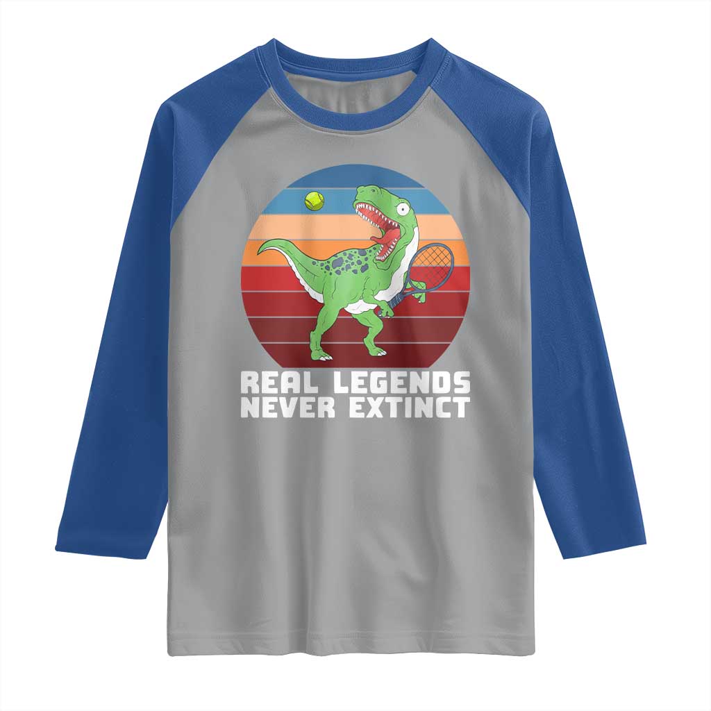 Retro Dinosaur Tennis Player Raglan Shirt Real Legends Never Extinct - Wonder Print Shop
