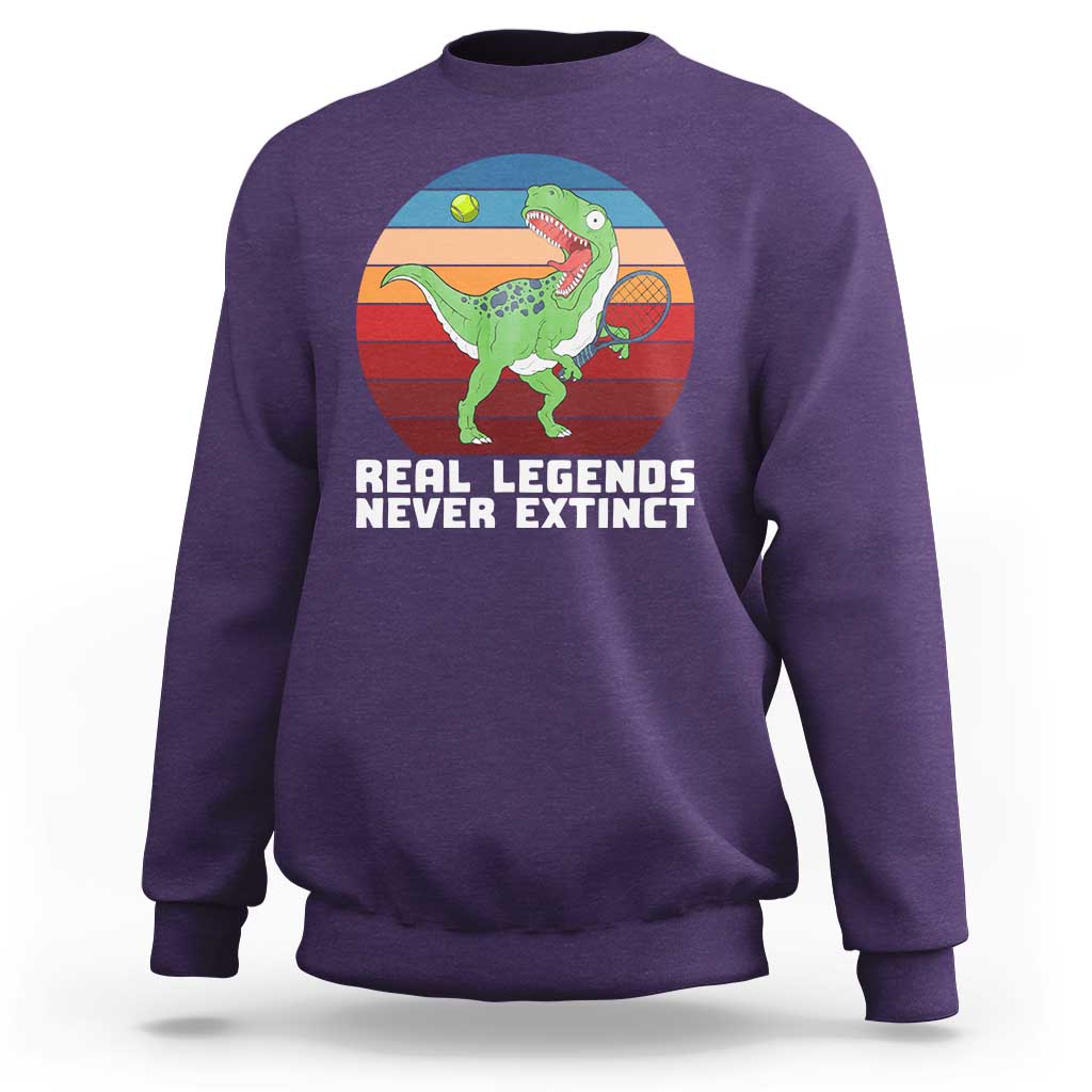 Retro Dinosaur Tennis Player Sweatshirt Real Legends Never Extinct - Wonder Print Shop