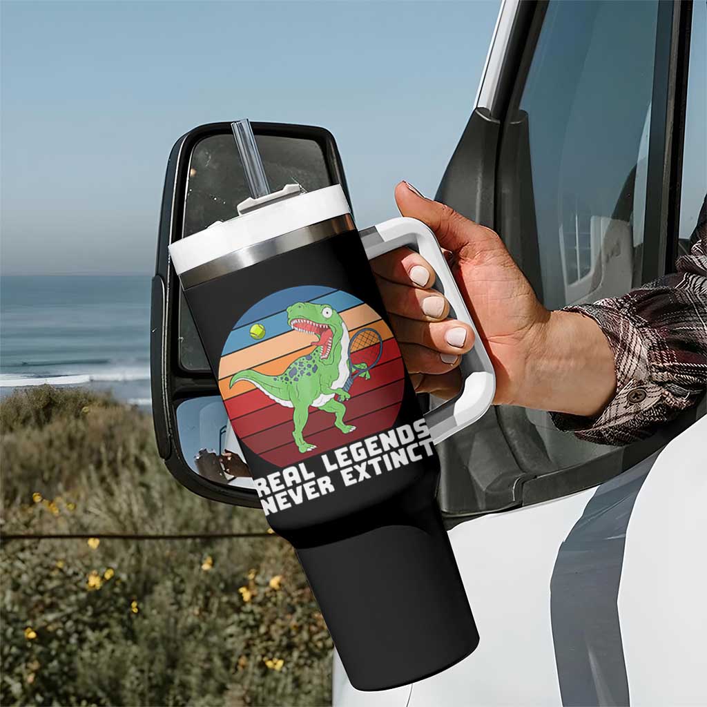Retro Dinosaur Tennis Player Tumbler With Handle Real Legends Never Extinct - Wonder Print Shop