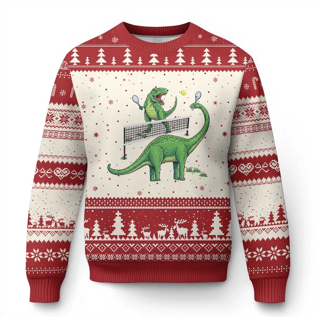Funny Prehistoric Dinosaur Tennis Player Game Day Ugly Christmas Sweater - Wonder Print Shop