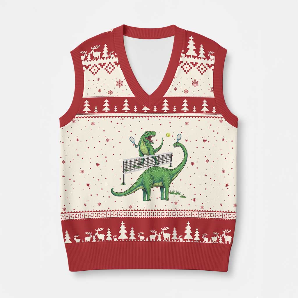 Funny Prehistoric Dinosaur Tennis Player Game Day V-Neck Knit Sweater Vest - Wonder Print Shop