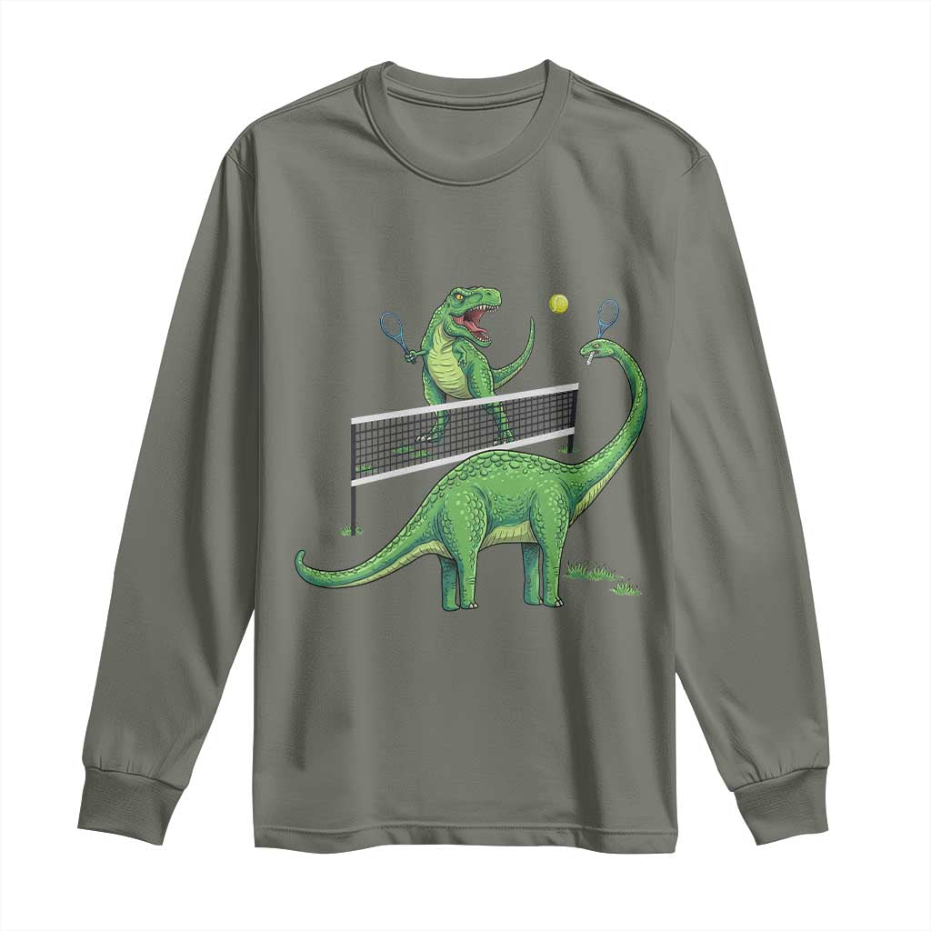 Funny Prehistoric Dinosaur Tennis Player Game Day Long Sleeve Shirt - Wonder Print Shop