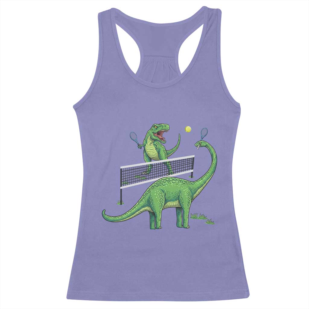 Funny Prehistoric Dinosaur Tennis Player Game Day Racerback Tank Top - Wonder Print Shop