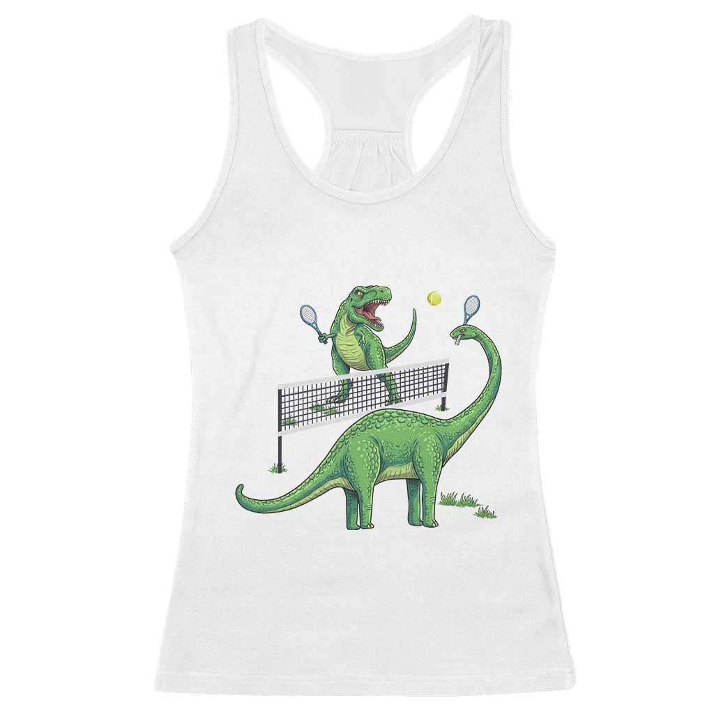 Funny Prehistoric Dinosaur Tennis Player Game Day Racerback Tank Top - Wonder Print Shop