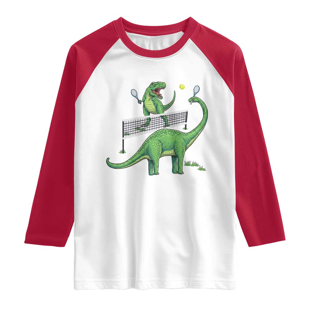 Funny Prehistoric Dinosaur Tennis Player Game Day Raglan Shirt - Wonder Print Shop