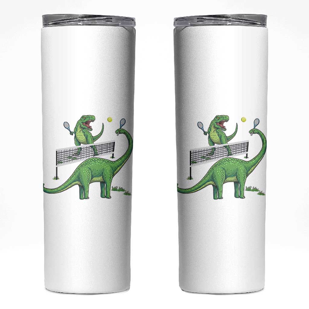 Funny Prehistoric Dinosaur Tennis Player Game Day Skinny Tumbler - Wonder Print Shop