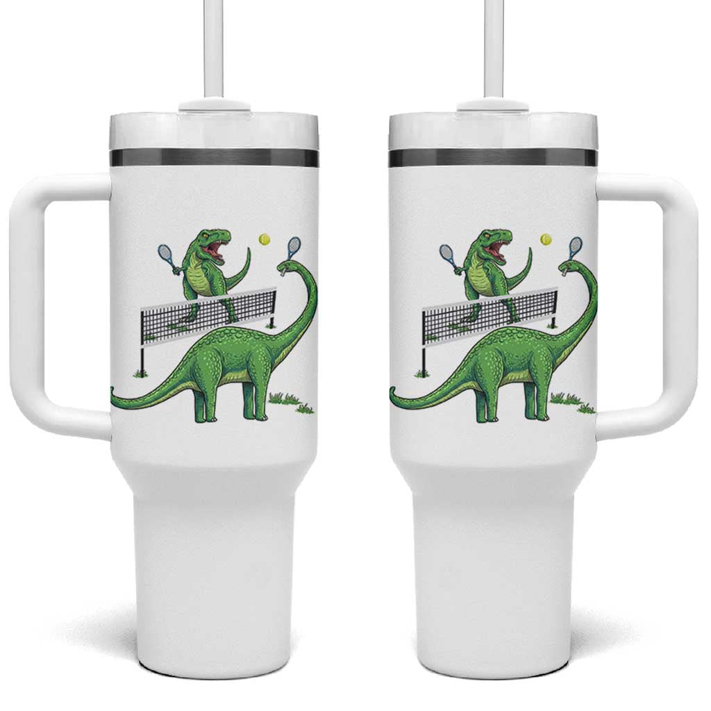Funny Prehistoric Dinosaur Tennis Player Game Day Tumbler With Handle - Wonder Print Shop