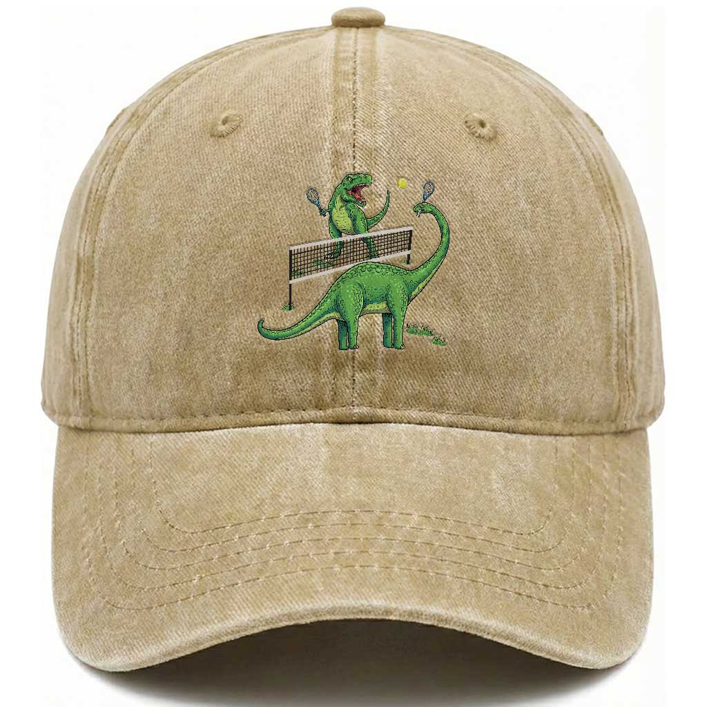 Funny Prehistoric Dinosaur Tennis Player Game Day Washed Cotton Baseball Cap