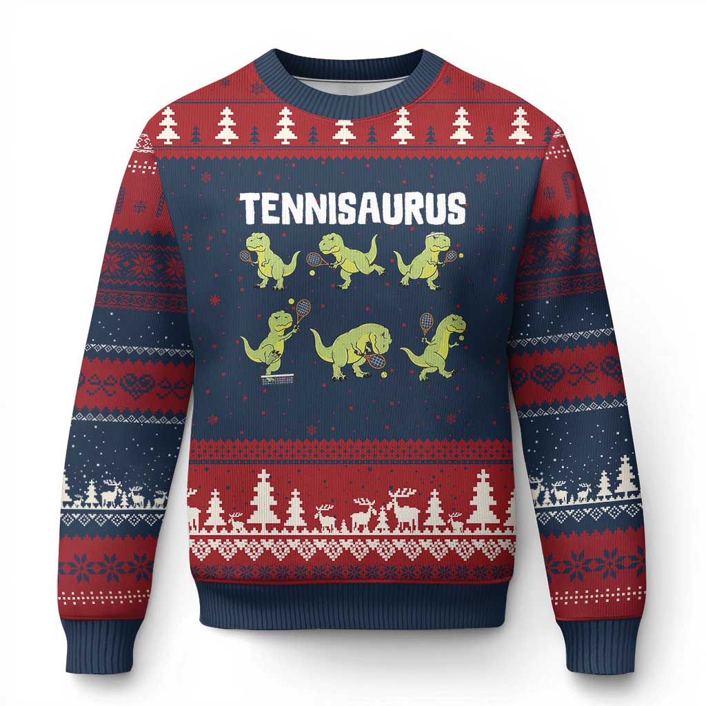 Funny Prehistoric Dinosaur Tennis Player Ugly Christmas Sweater Gift For Tennis Fans - Wonder Print Shop