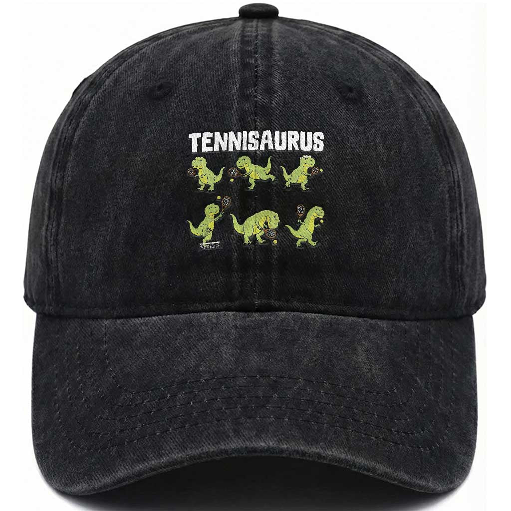 Funny Prehistoric Dinosaur Tennis Player Washed Cotton Baseball Cap Gift For Tennis Fans
