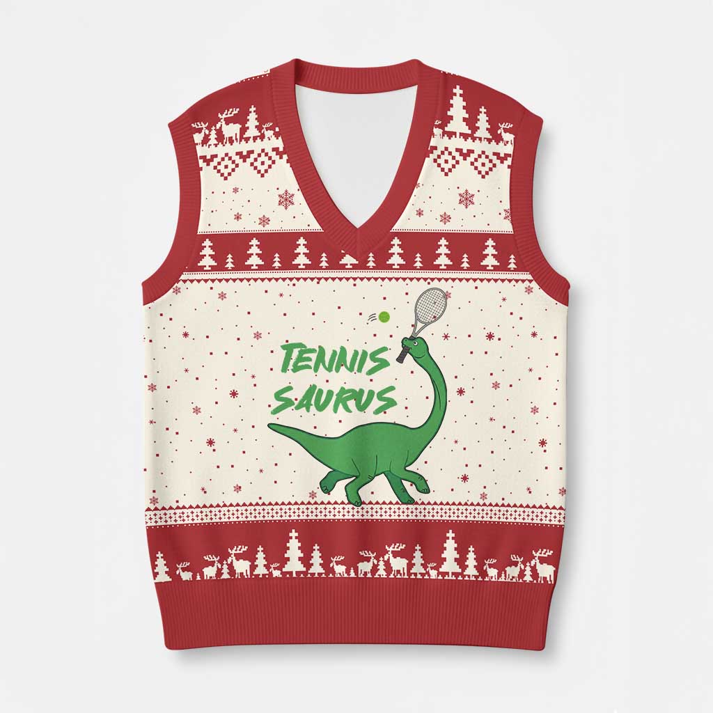 Funny Tennis Dinosaur Tennis Lover V-Neck Knit Sweater Vest Gift For Tennis Fans - Wonder Print Shop