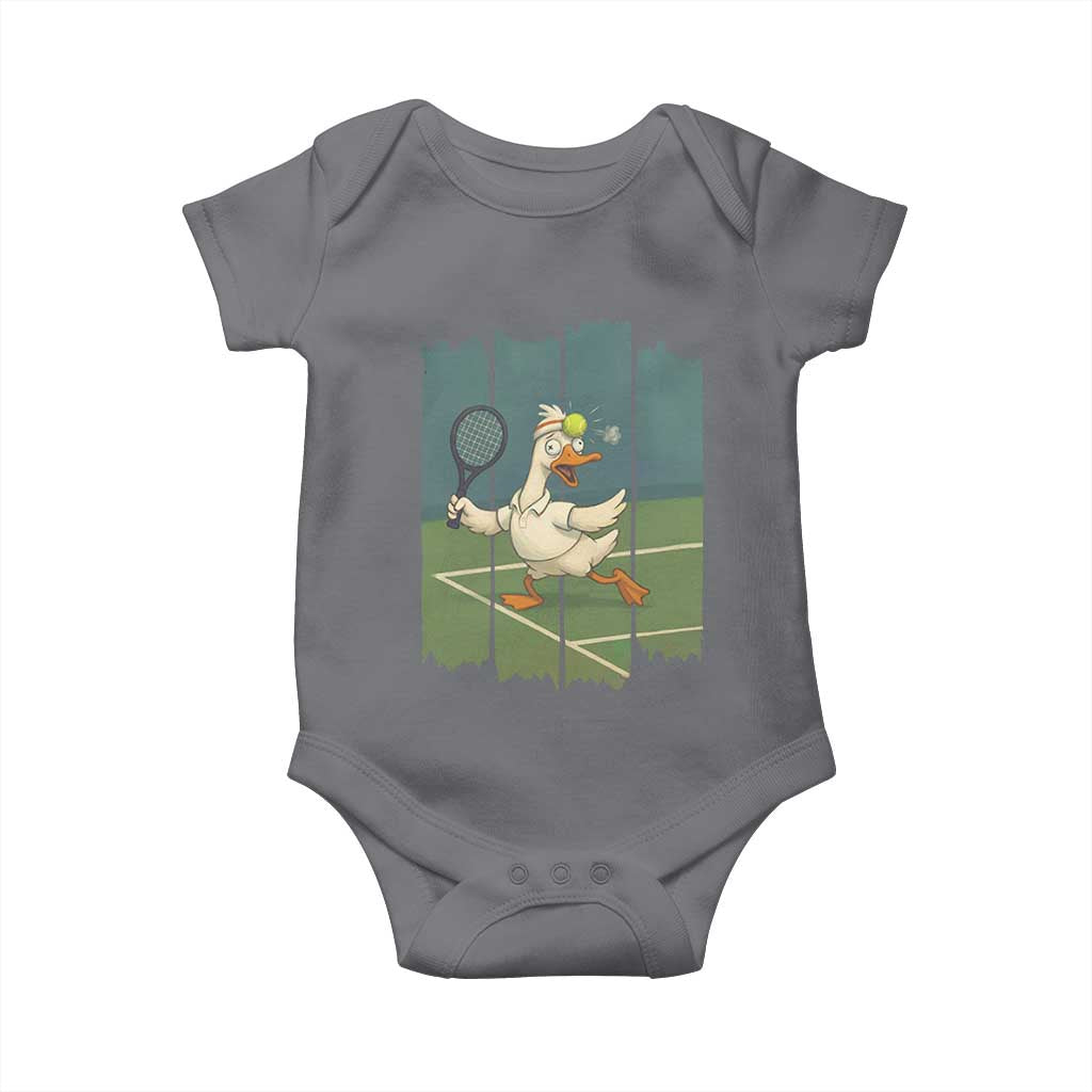 Silly Goose Playing Tennis Baby Onesie Funny Bird Getting Hit By Ball - Wonder Print Shop
