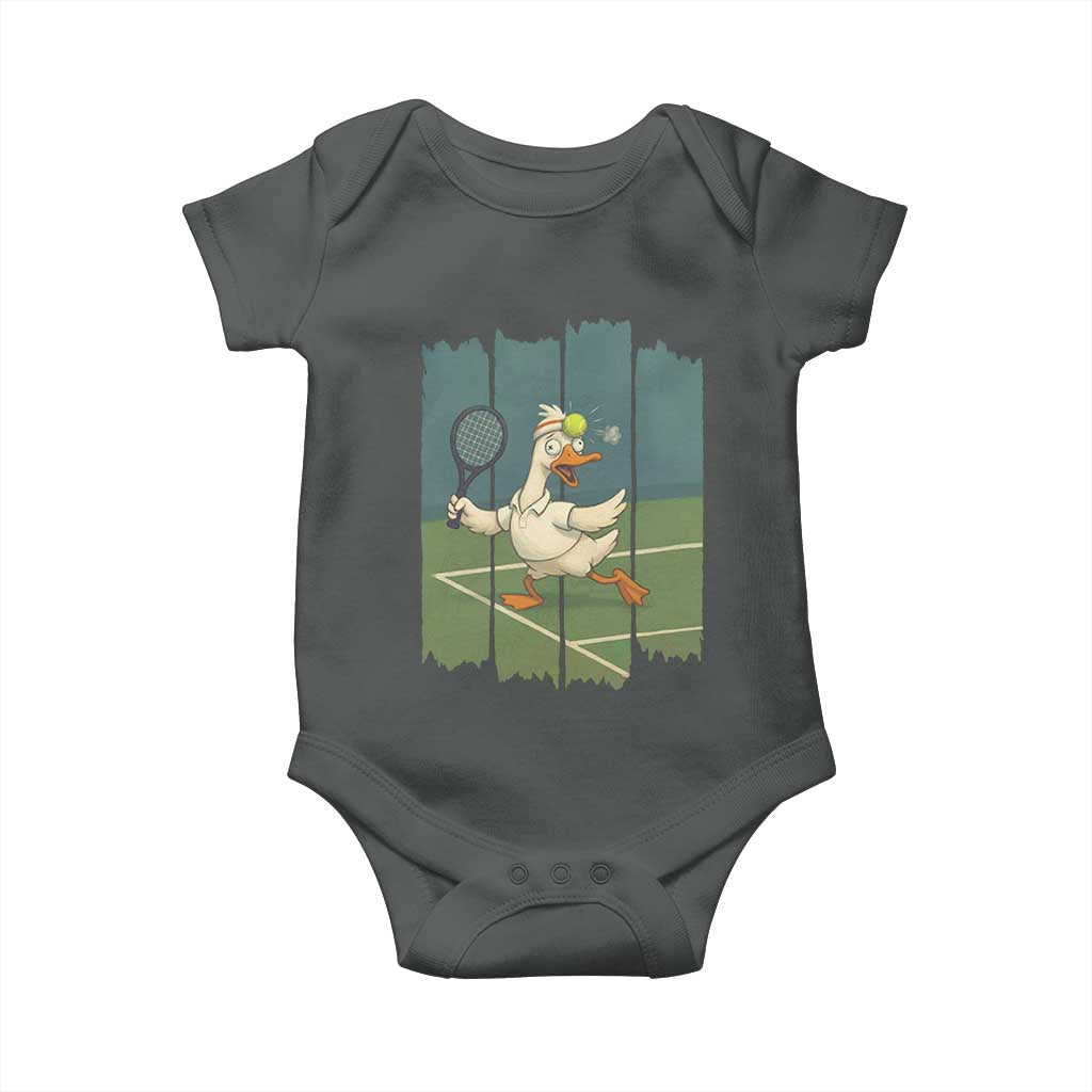 Silly Goose Playing Tennis Baby Onesie Funny Bird Getting Hit By Ball - Wonder Print Shop