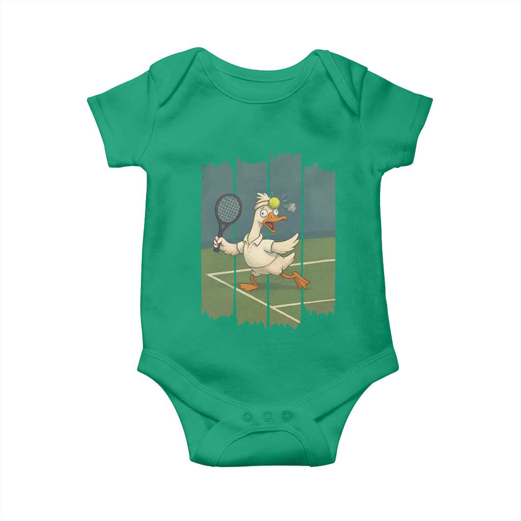 Silly Goose Playing Tennis Baby Onesie Funny Bird Getting Hit By Ball - Wonder Print Shop