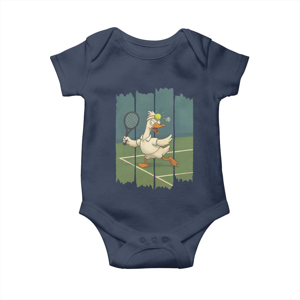 Silly Goose Playing Tennis Baby Onesie Funny Bird Getting Hit By Ball - Wonder Print Shop