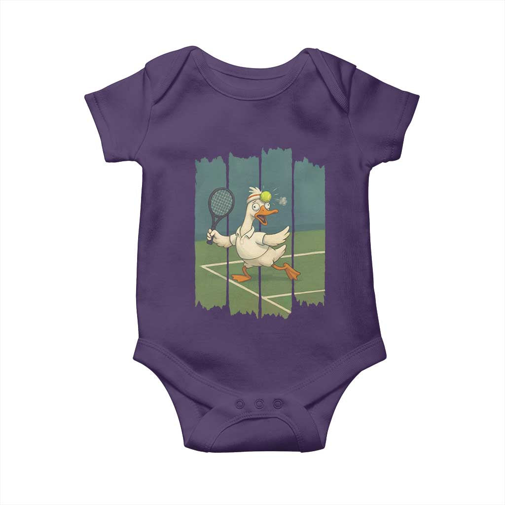Silly Goose Playing Tennis Baby Onesie Funny Bird Getting Hit By Ball - Wonder Print Shop