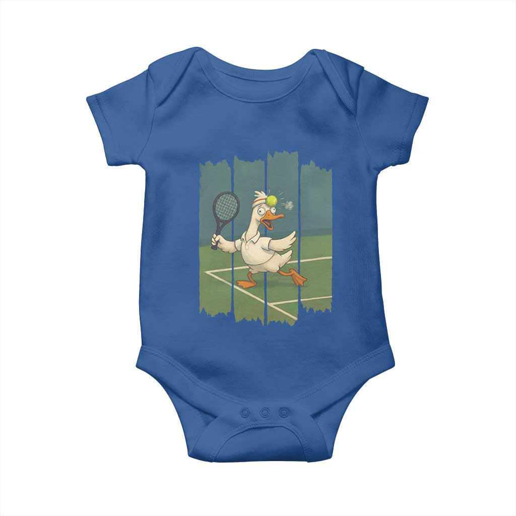 Silly Goose Playing Tennis Baby Onesie Funny Bird Getting Hit By Ball - Wonder Print Shop