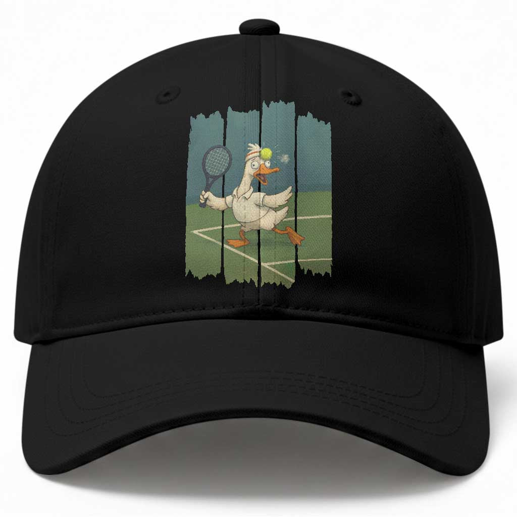 Silly Goose Playing Tennis Baseball Cap Funny Bird Getting Hit By Ball