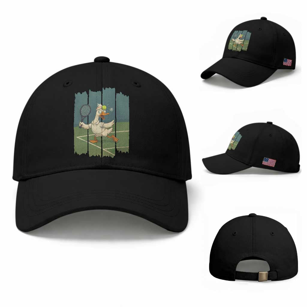 Silly Goose Playing Tennis Baseball Cap Funny Bird Getting Hit By Ball