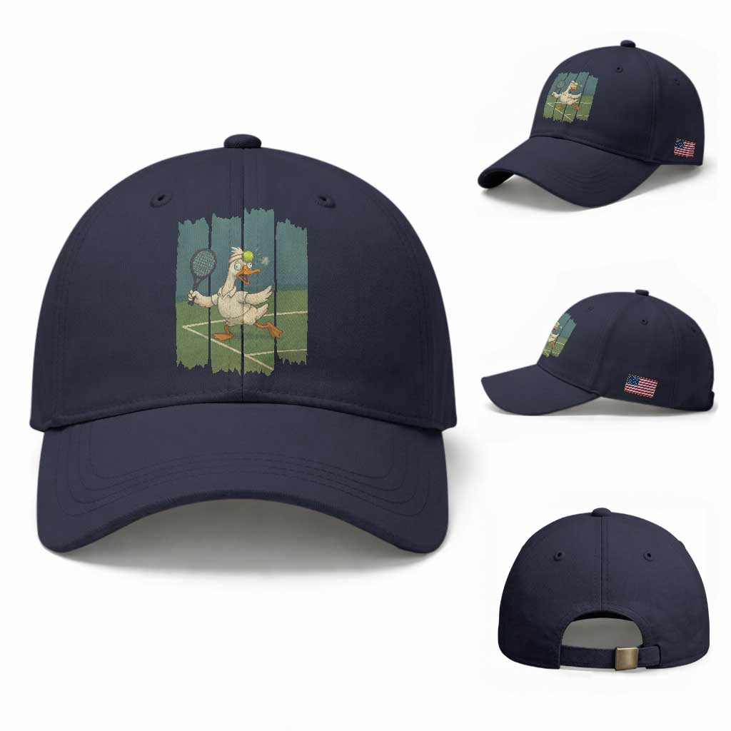 Silly Goose Playing Tennis Baseball Cap Funny Bird Getting Hit By Ball