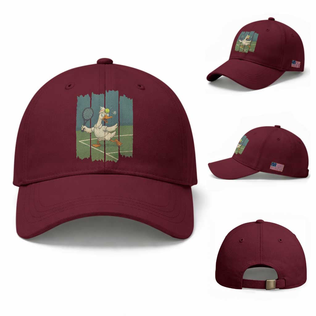 Silly Goose Playing Tennis Baseball Cap Funny Bird Getting Hit By Ball