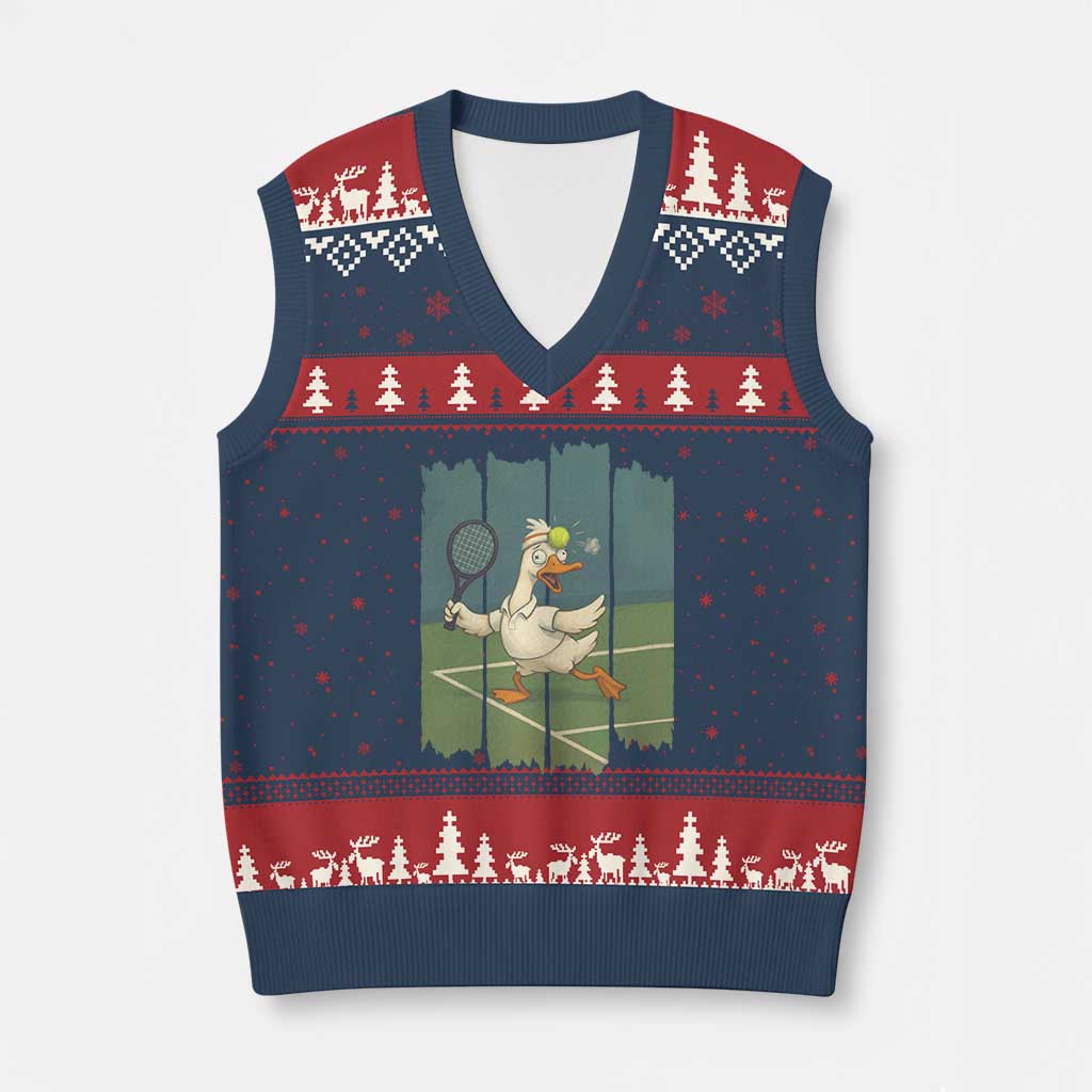 Silly Goose Playing Tennis V-Neck Knit Sweater Vest Funny Bird Getting Hit By Ball - Wonder Print Shop