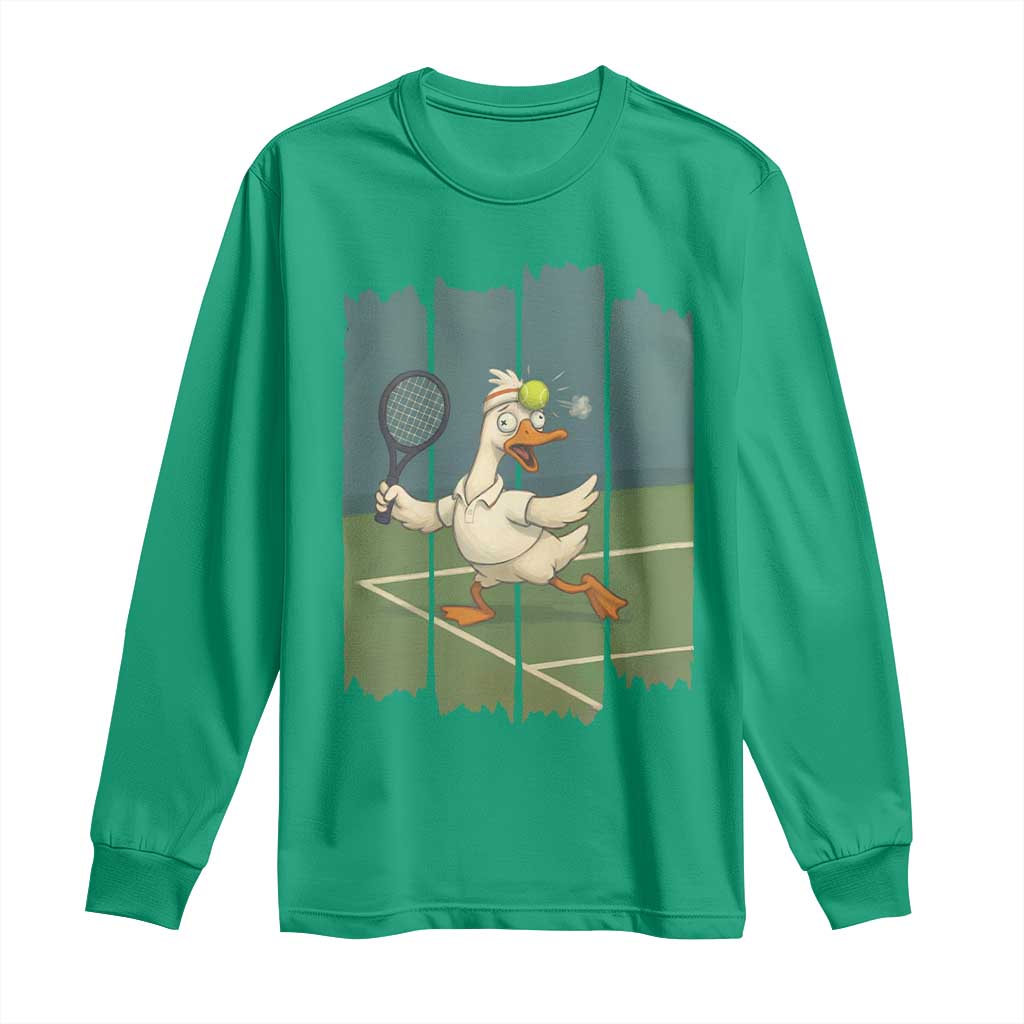 Silly Goose Playing Tennis Long Sleeve Shirt Funny Bird Getting Hit By Ball - Wonder Print Shop