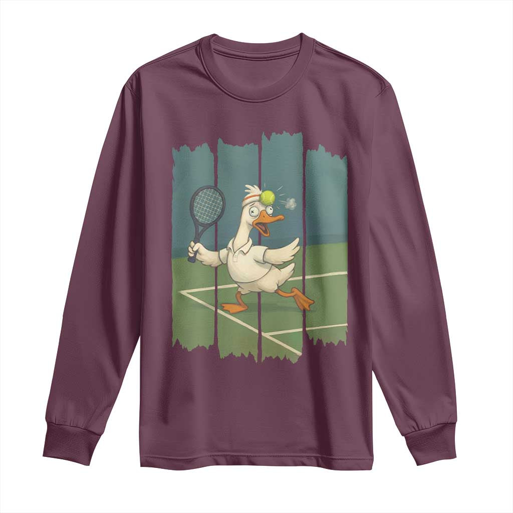 Silly Goose Playing Tennis Long Sleeve Shirt Funny Bird Getting Hit By Ball - Wonder Print Shop