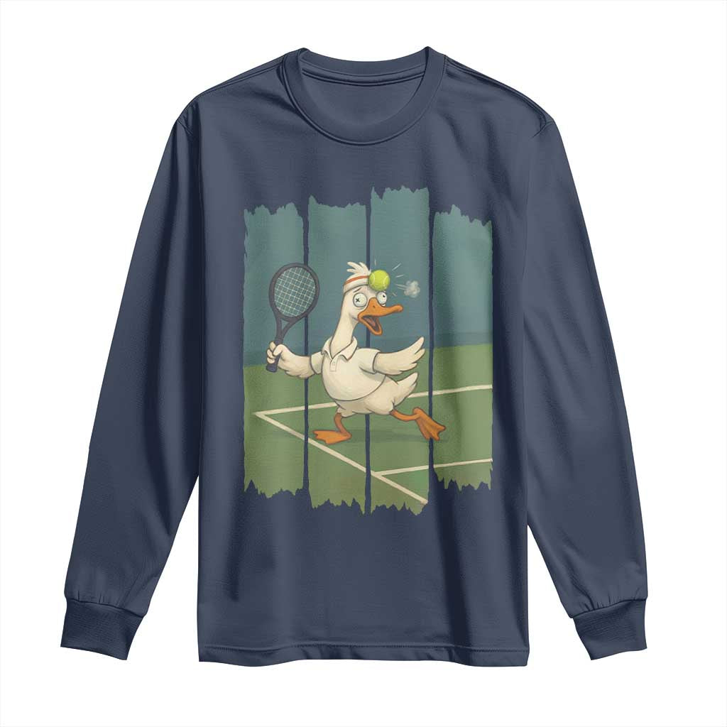 Silly Goose Playing Tennis Long Sleeve Shirt Funny Bird Getting Hit By Ball - Wonder Print Shop