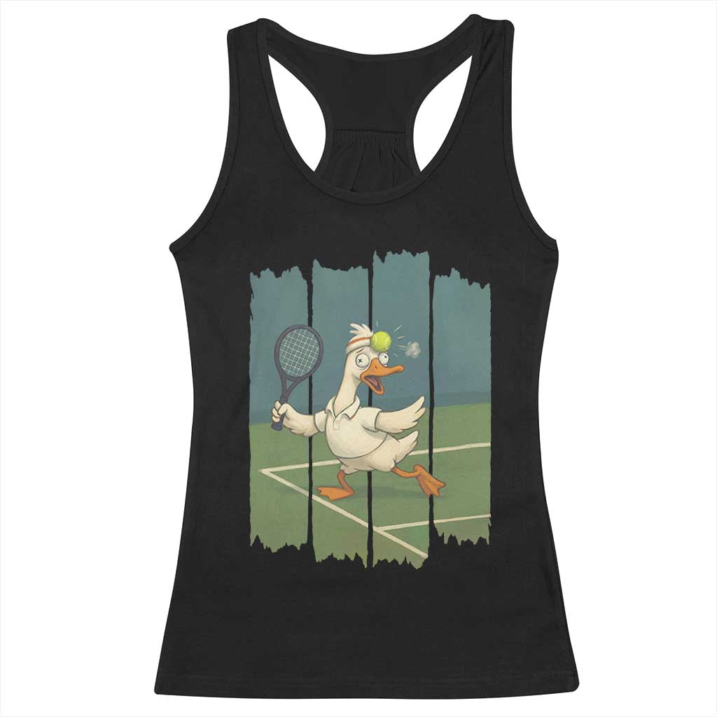 Silly Goose Playing Tennis Racerback Tank Top Funny Bird Getting Hit By Ball - Wonder Print Shop