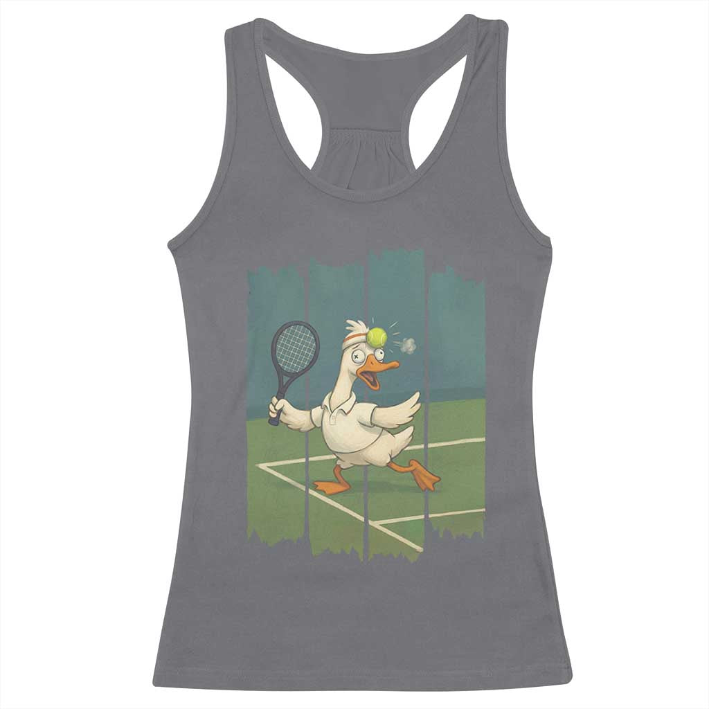 Silly Goose Playing Tennis Racerback Tank Top Funny Bird Getting Hit By Ball - Wonder Print Shop