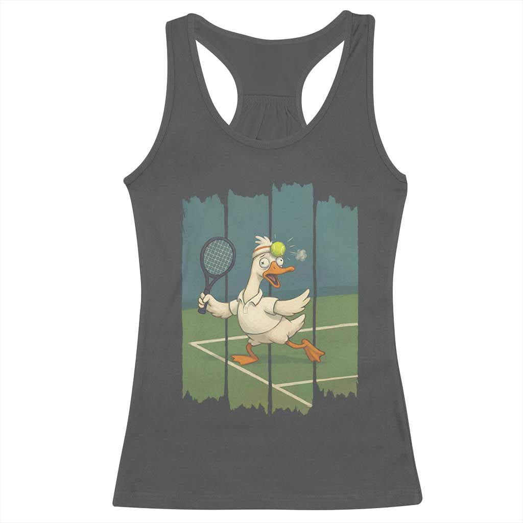 Silly Goose Playing Tennis Racerback Tank Top Funny Bird Getting Hit By Ball - Wonder Print Shop