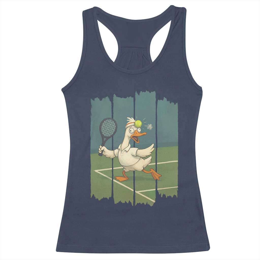 Silly Goose Playing Tennis Racerback Tank Top Funny Bird Getting Hit By Ball - Wonder Print Shop