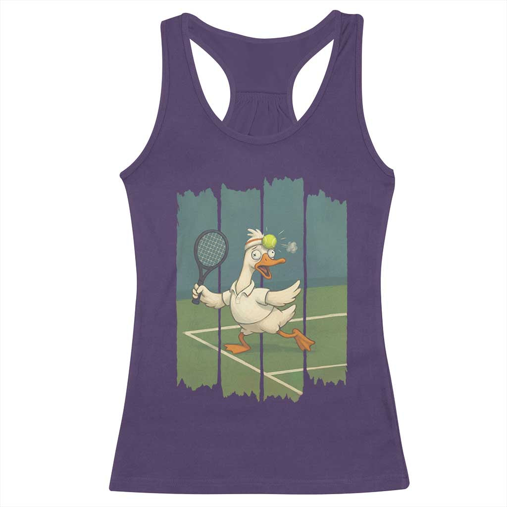 Silly Goose Playing Tennis Racerback Tank Top Funny Bird Getting Hit By Ball - Wonder Print Shop