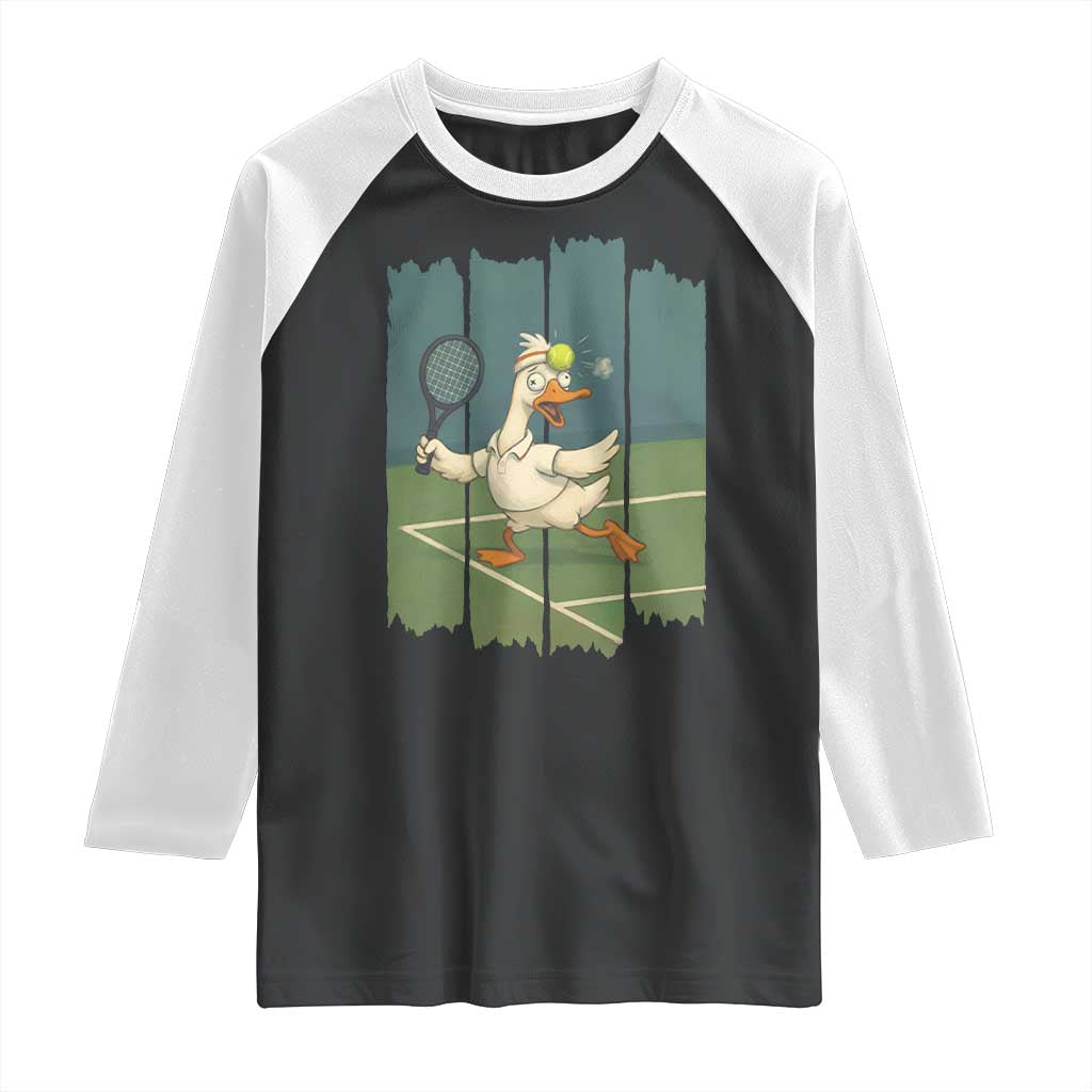 Silly Goose Playing Tennis Raglan Shirt Funny Bird Getting Hit By Ball - Wonder Print Shop