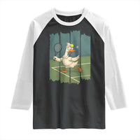 Silly Goose Playing Tennis Raglan Shirt Funny Bird Getting Hit By Ball - Wonder Print Shop