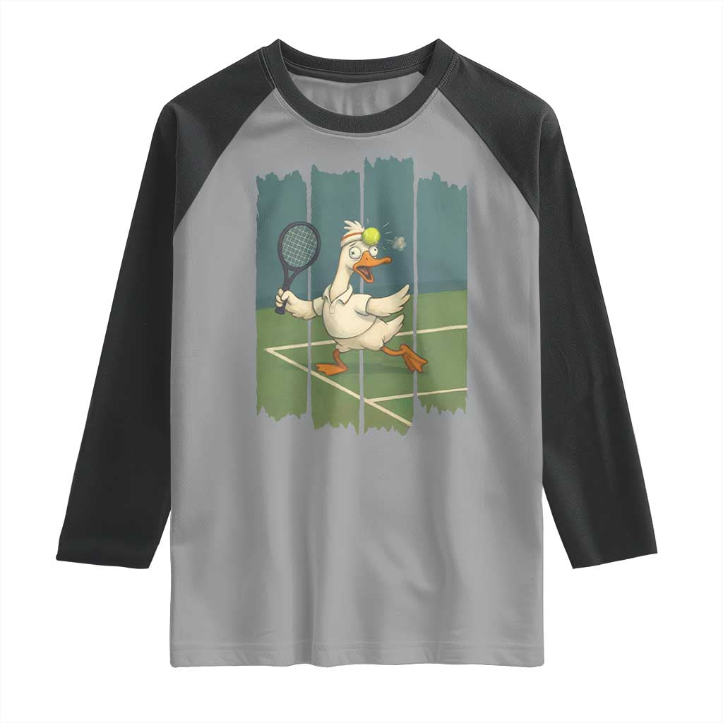 Silly Goose Playing Tennis Raglan Shirt Funny Bird Getting Hit By Ball - Wonder Print Shop