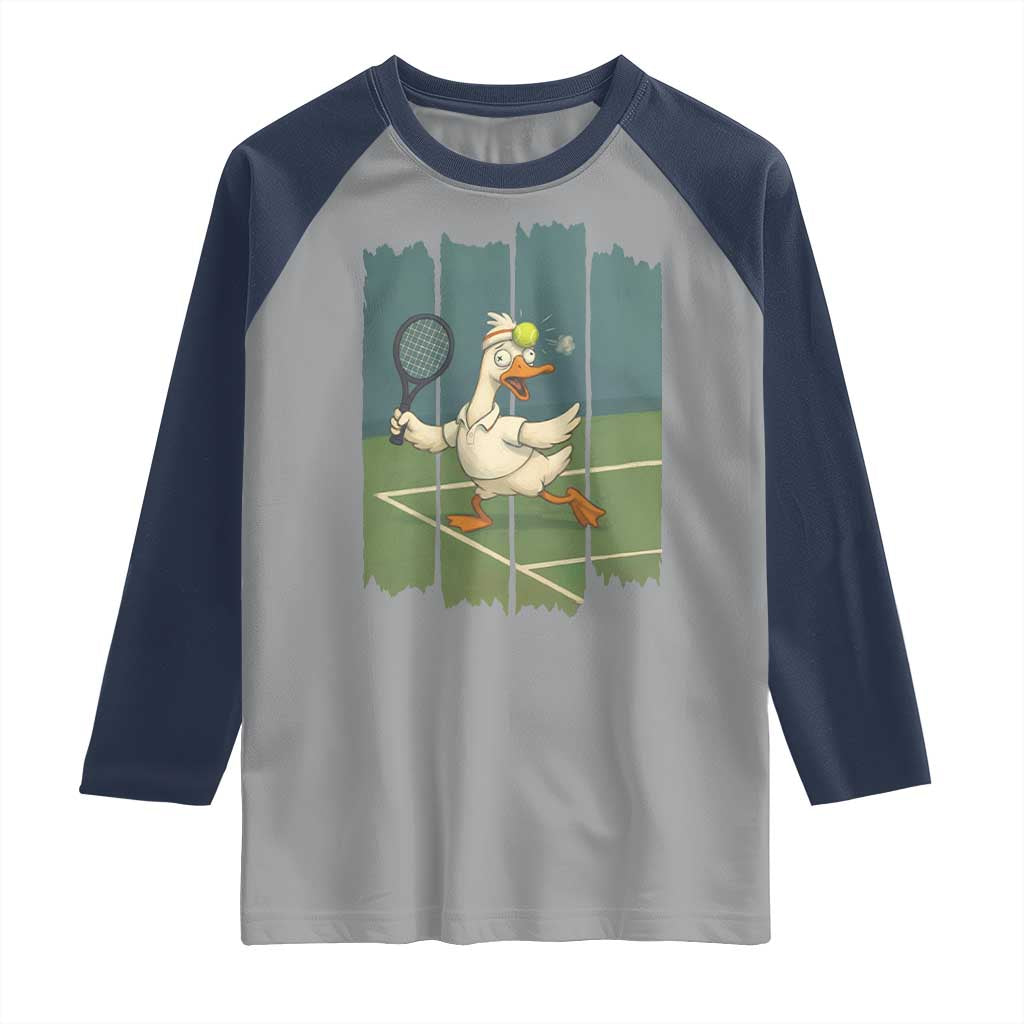 Silly Goose Playing Tennis Raglan Shirt Funny Bird Getting Hit By Ball - Wonder Print Shop