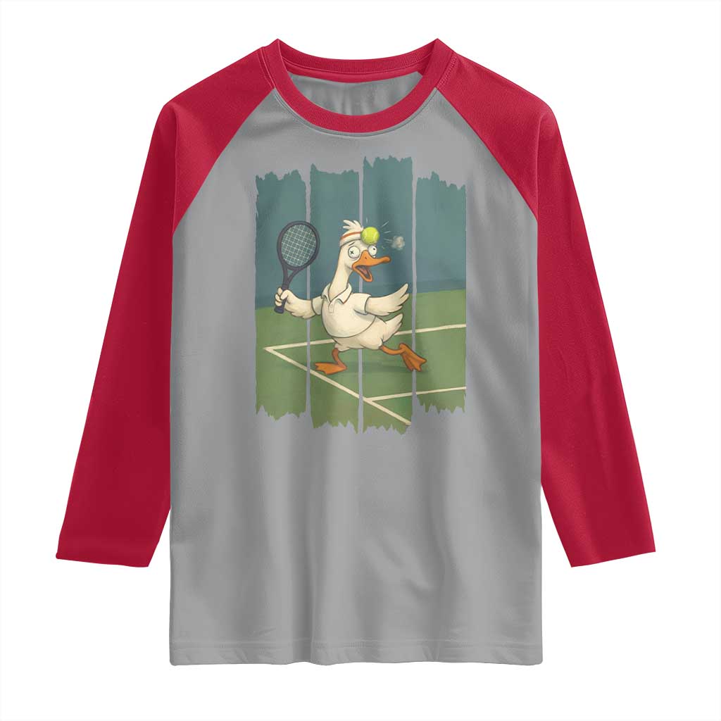 Silly Goose Playing Tennis Raglan Shirt Funny Bird Getting Hit By Ball - Wonder Print Shop