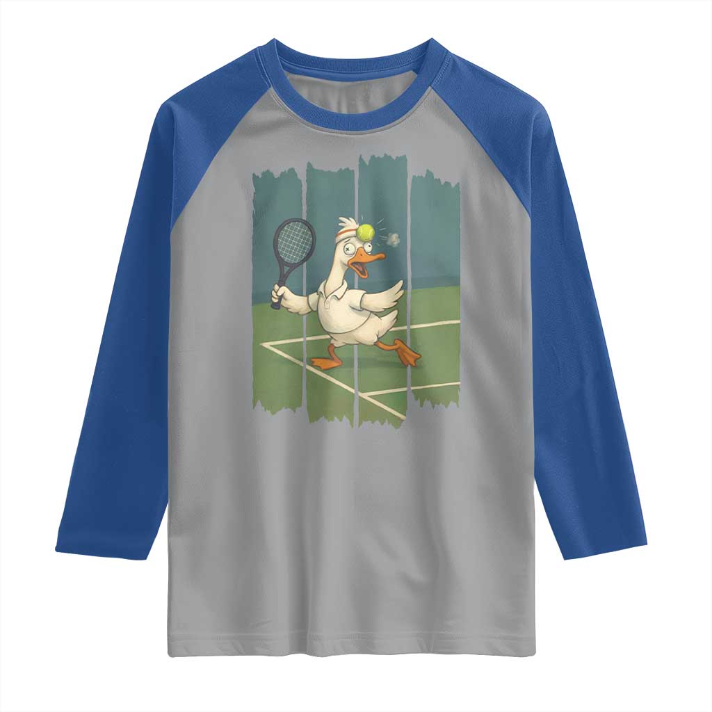 Silly Goose Playing Tennis Raglan Shirt Funny Bird Getting Hit By Ball - Wonder Print Shop