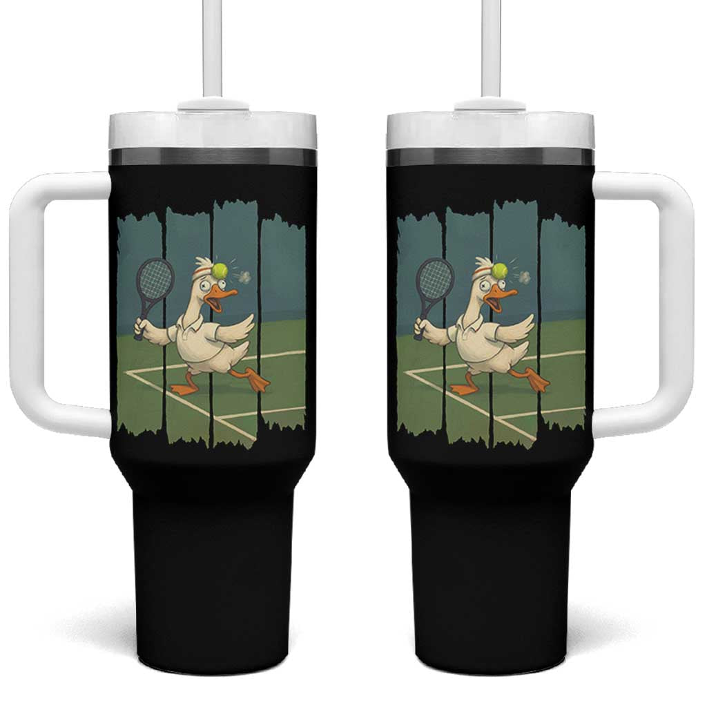 Silly Goose Playing Tennis Tumbler With Handle Funny Bird Getting Hit By Ball - Wonder Print Shop