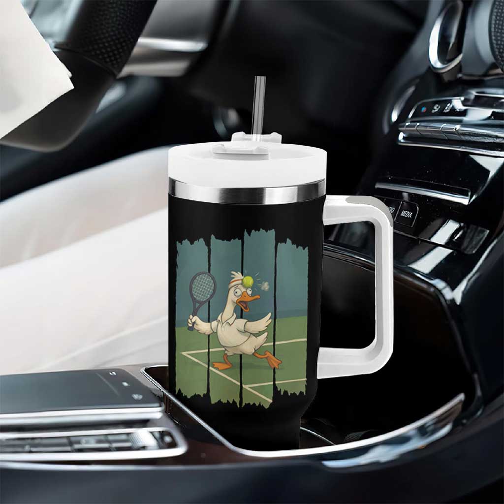Silly Goose Playing Tennis Tumbler With Handle Funny Bird Getting Hit By Ball - Wonder Print Shop
