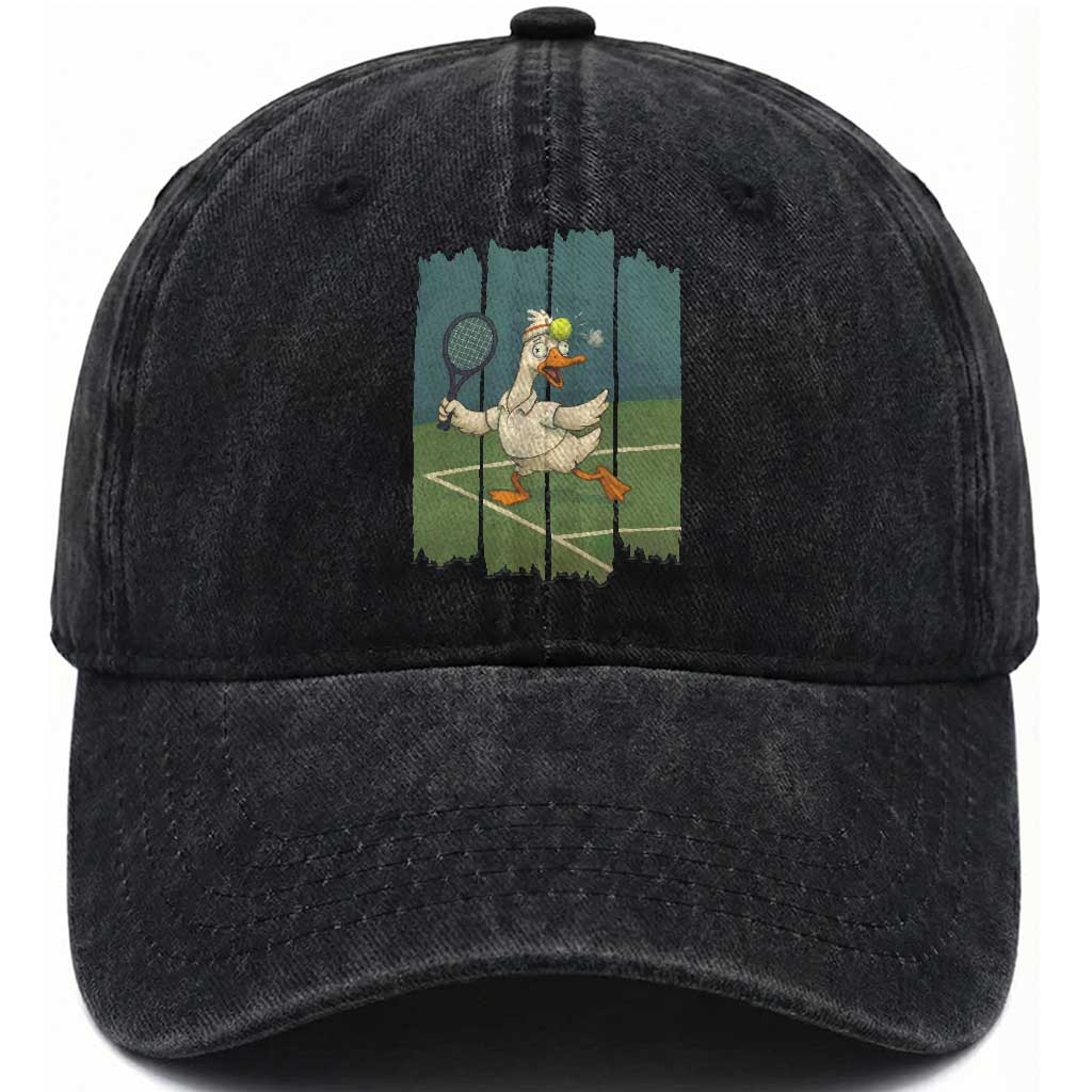 Silly Goose Playing Tennis Washed Cotton Baseball Cap Funny Bird Getting Hit By Ball