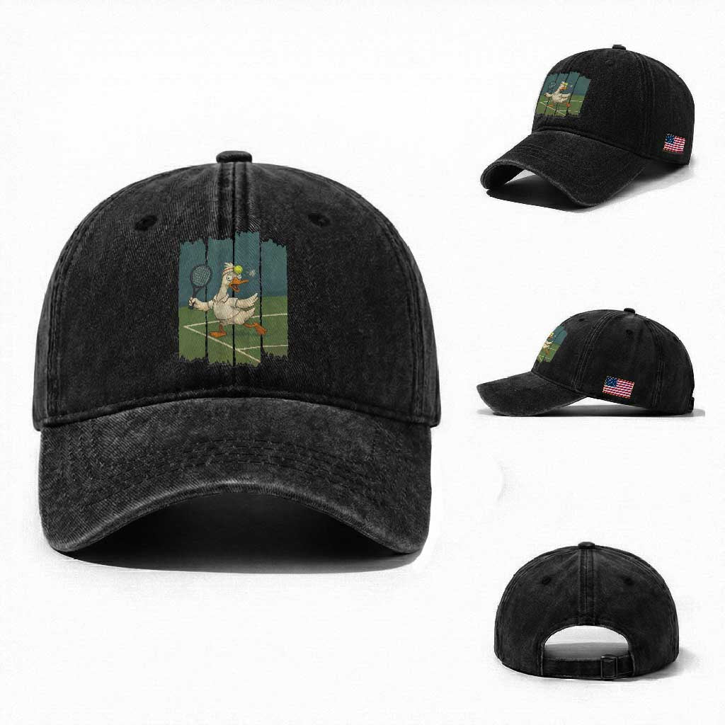 Silly Goose Playing Tennis Washed Cotton Baseball Cap Funny Bird Getting Hit By Ball